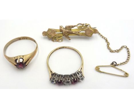  9ct gold garnet ring, bar brooch both hallmarked and a 9ct gold dress ring stamped 9ct Condition Report & Further Details Cl