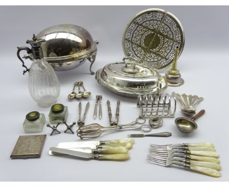 Silver-plated bacon dish with revolving cover, Elkington plate entree dish, etched glass claret jug with silver-plated mounts