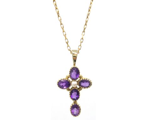 Amethyst and seed pearl cross pendant on gold chain necklace hallmarked 9ct Condition Report & Further Details chain approx 2
