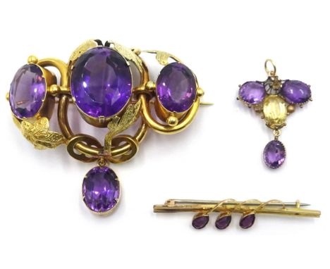 Large Victorian amethyst brooch, amethyst and citrine pendant and a gold bar brooch set with three amethysts stamped 9ct Cond
