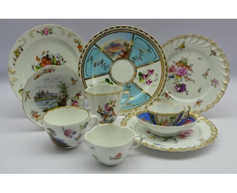 Meissen tea cup and saucer decorated with hunting scenes, another Meissen cup with panels of flowers, cabinet cup and saucer 