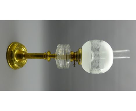 Victorian brass oil lamp with cut glass reservoir, funnel and domed etched glass shade, H70cm Condition Report & Further Deta