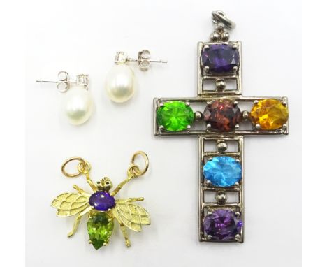 Silver multi-stone cross pendant, pair pearl dress ear-rings stamped 925 and a peridot and amethyst insect pendant Condition 