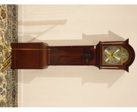 Reproduction mahogany longcase clock, stepped arch hood, gilt dial with Roman chapter ring, twin weight driven movement chimi