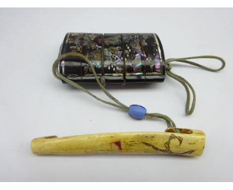 Lacquer five case inro decorated with shell inlay and with stag horn netsuke  Condition Report & Further Details Click here f