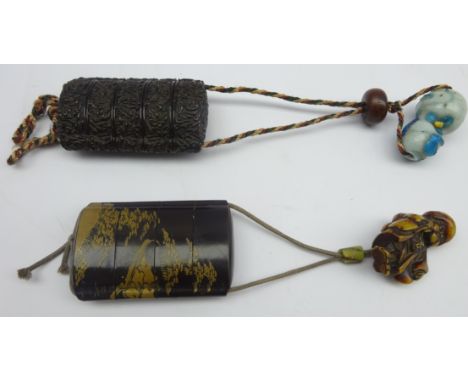 Black lacquer four case inro with gilt decoration and netsuke and a four case lacquer lacquer inro  Condition Report & Furthe