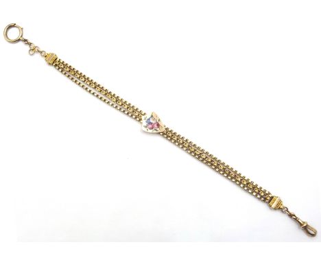 Victorian 9ct rose gold watch chain, stylised triple link with enamelled slider 26cm approx 21.1gm Condition Report & Further