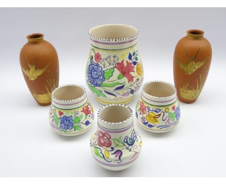 Pair Charles Barlow oviform pottery vases decorated with gilt birds, H20cm and four pieces of Poole Pottery  Condition Report