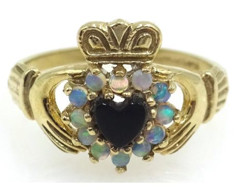 9ct gold black onyx and opal heart ring, hallamarked  Condition Report & Further Details Approx 2.1gm, Size M-NClick here for