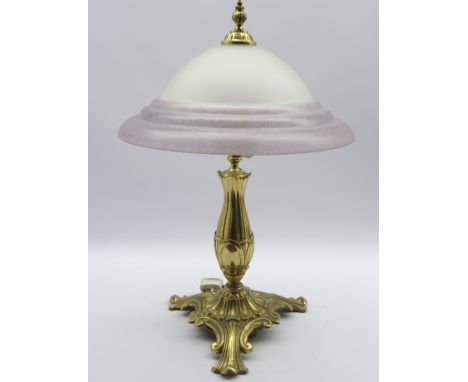 Art Nouveau style table lamp with cast brass base and domed frosted glass shade, H57cm  Condition Report & Further Details Cl