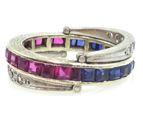White gold diamond, ruby and sapphire night and day swivel eternity ring stamped 9ct  Condition Report & Further Details Appr