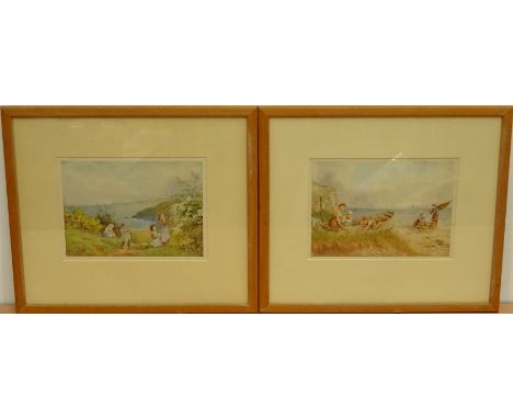 Vernon Foster (British fl.1880-1920): Children picking Blossom by the Coast and Children playing on the Beach, pair watercolo