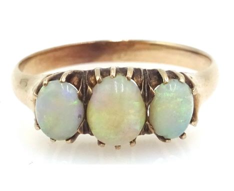 Rose gold three stone opal ring tested 14ct Condition Report & Further Details Approx 2.9gm, size QClick here for further ima