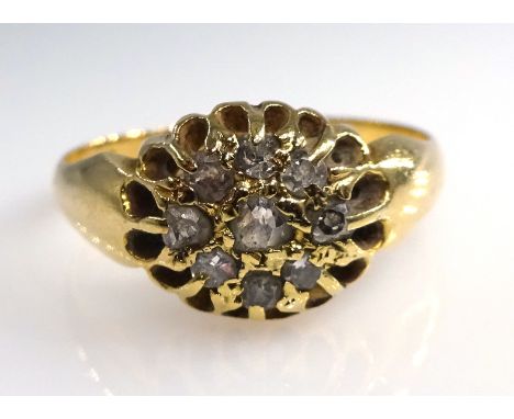 18ct Gold Dress Ring set with a cluster of nine diamonds within a pierced surround Condition Report & Further Details Ring si