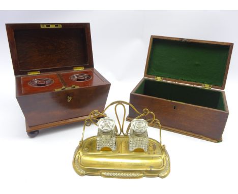19th century mahogany tea caddy, sarcophagus shaped with two division interior on bun feet, L22.5cm and another 19th century 