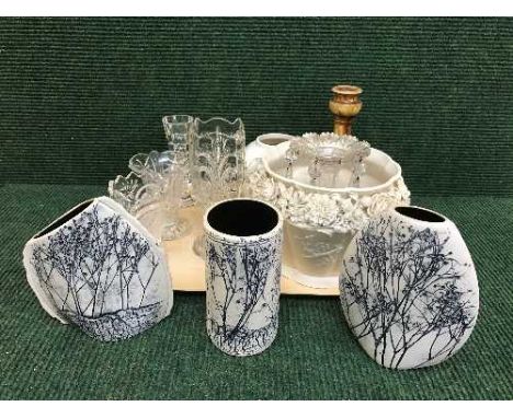 A tray of Villeroy & Bosch planter, Masons ginger jar, slip ware candlestick, glass vases etc 