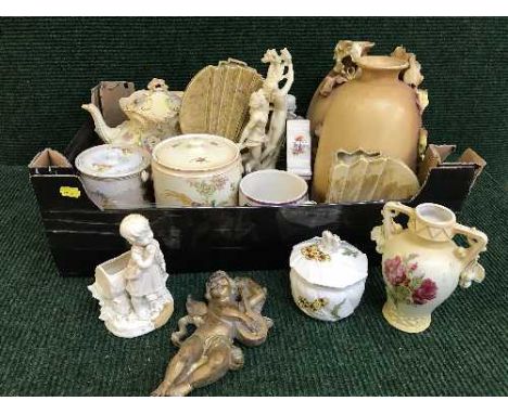 Two boxes of early 20th century china including toilet jug and basin set, teapot on stand, vases, oriental figure etc 