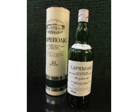 A bottle of Laphroaig Unblended Malt 10 Years Old Scotch Whisky (Factory sealed but level below shoulder, only just above the