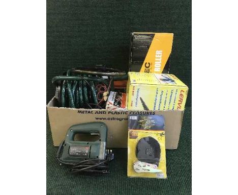 A box of spray gun, paint roller, power tools, hose pipe on reel and a folding work bench 
