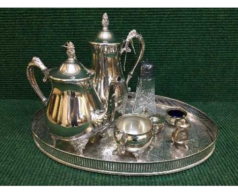 A silver plated gallery tray, three piece plated tea service, plated salts, sugar sifter and a tray of glass ware, Mrs Beeton