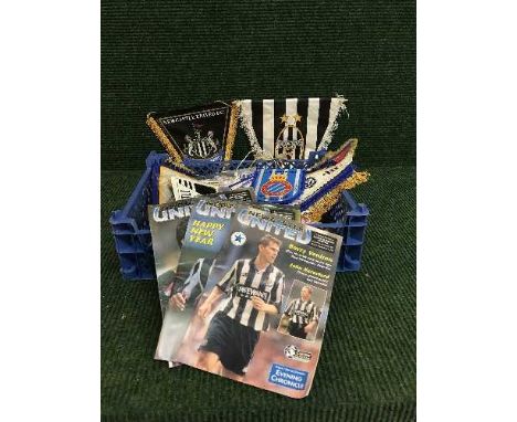 A box of mid 20th century and later football programmes, ticket stubs and football pennants 