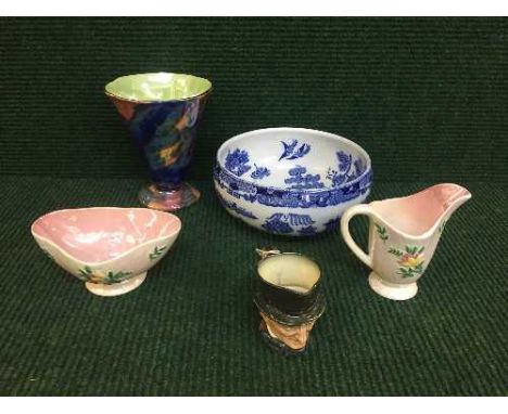 A tray of Maling storm pattern vase, Maling fruit bowl, lustre sugar basin and milk jug and a small Royal Doulton character j