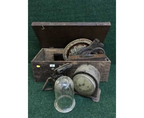 A pine box of bellows, glass dome, blow torch, mantel clock etc 
