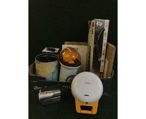 A box of LG Blu ray player and remote, cam-corder, kitchen electricals, flood light etc 