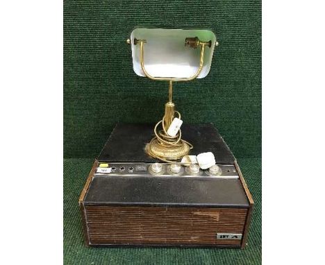A mid 20th century HMV table top record player and a banker's desk lamp 