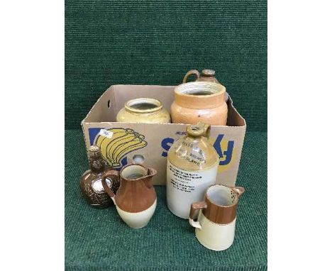 A box of stoneware jars and flaggons, Spode Shivers Salute Scotch whiskey decanter, etc  