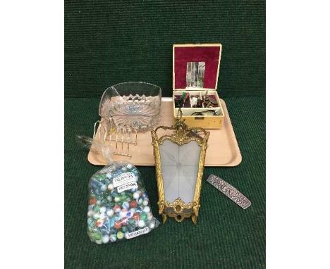 A tray of glass bowl, marbles, gilt hanging light, trinket box, costume jewellery, plated toast rack, German silver comb case