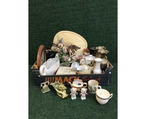 A large quantity of china, Ringtons dinner service, glass trinket set, tea set, wall clock, camera, projector etc 