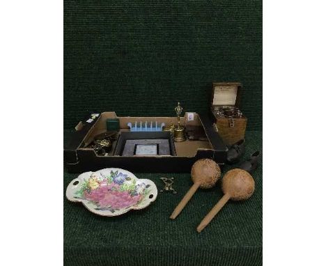 A box of crystal set, marracas, horse brasses, copper bugle, Maling dish, child's clogs, toast rack etc 