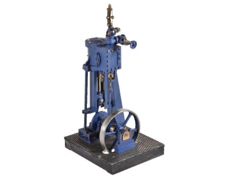 A well-engineered live steam model of a vertical stationary engine, having single cylinder with brass drain cocks and Pickeri