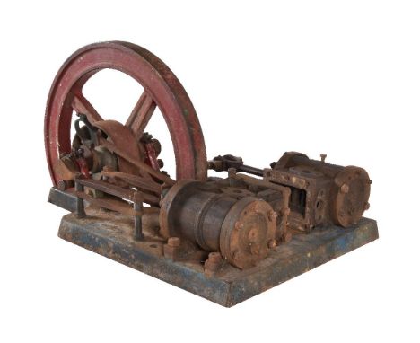 A rare Victorian full size live steam horizontal twin simple stationary engine, on original sole plate. Cylinders approximate