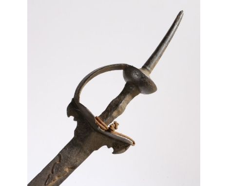 19th/19th century Indian Firangi Broadsword, straight double fulled blade, basket hilt with long pommel spike, scabbard absen