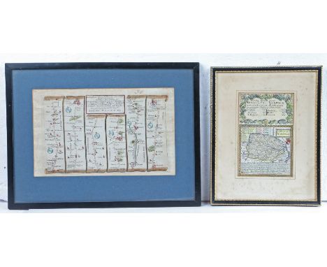 18th century coloured map, The Road from London to King's Lynn, by Thomas Gardner, inscribed to Robert Walpole, framed and gl