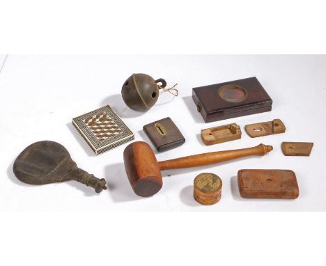 A collection of objects, to include a card case, a magnifying box,&nbsp; a crotal bell, snuff box, puzzle box, Elcourts Crite