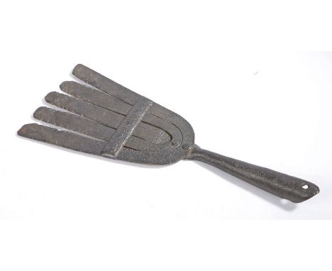 Cast iron eel fork, with five pronged end, 51cm long