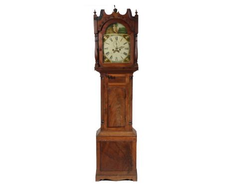 19th century mahogany longcase clock, the single glazed door enclosing a dial painted with a seated figure and black roman nu