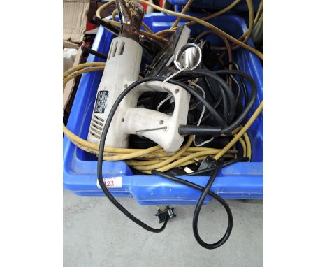 A box of electric hand tools including router etc