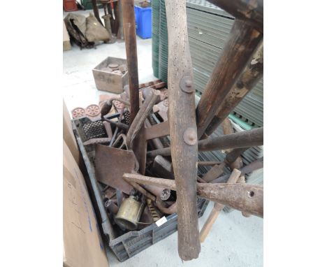 A box of workshop and garden tools including brass blow torch