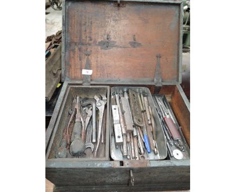A selection of vintage garage and Engineers tools and wooden chest