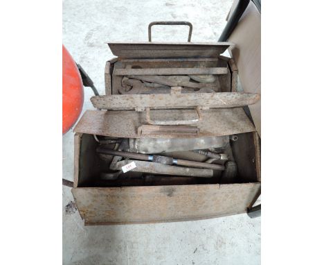 A selection of vintage garage and workshop tools and metal chests