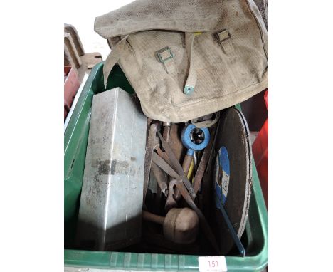 A selection of vintage tools and canvas bag