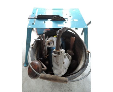 A selection of vintage electric hand tools including table saw, jigsaw etc