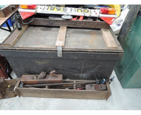 A vintage joiners tool chest with original contents, tools and planes etc
