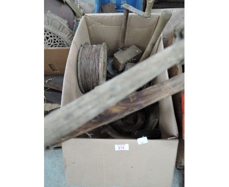 A selection of vintage wooden tools and bucket