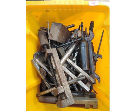 A box of machine vices, drills, cutting and grinding tools etc