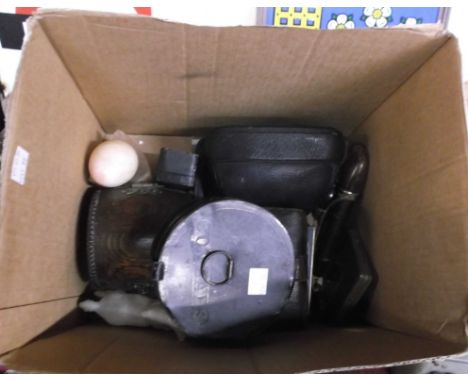 A box containing a quantity of collectables including various playing cards, small oak barrel box, alabaster items, two pipes